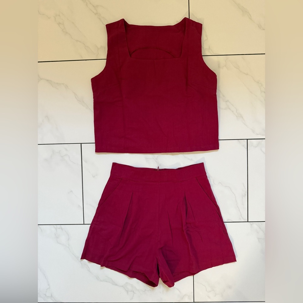 Red Sleeveless square neck Top and Shorts Set